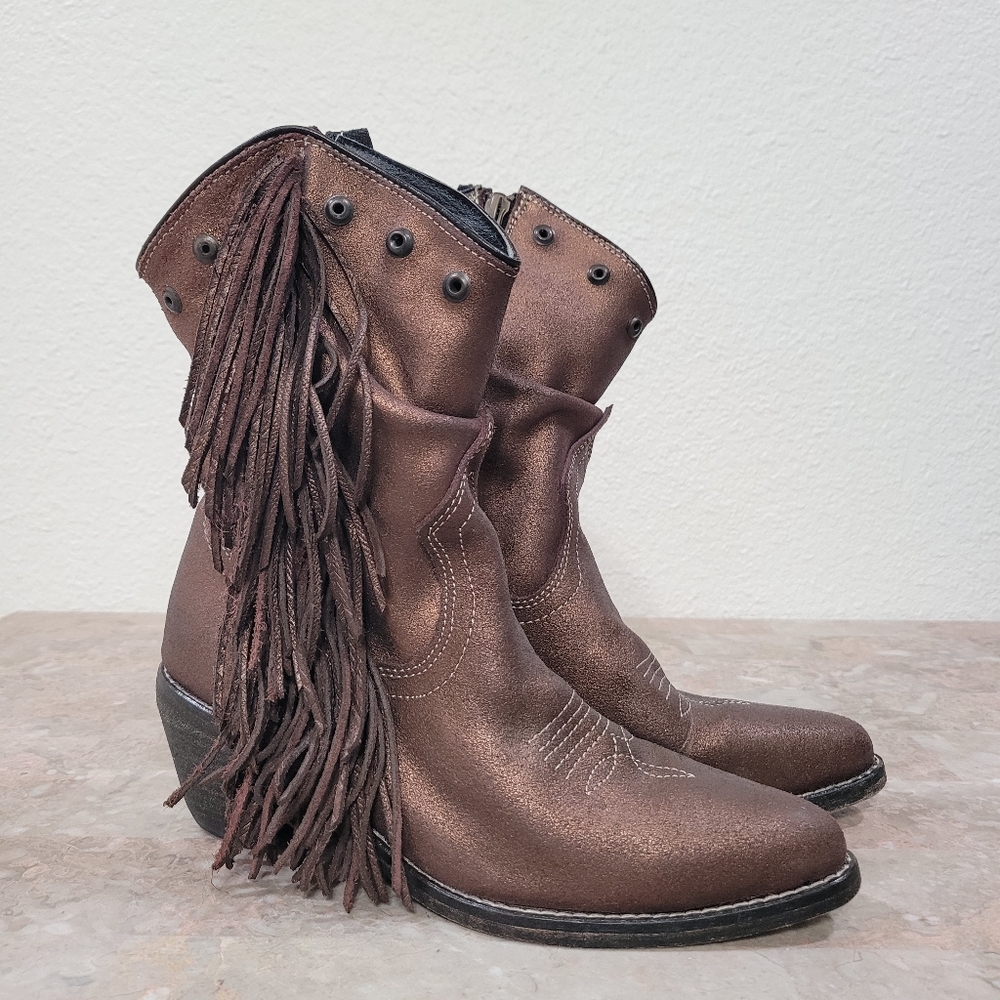 Kavelina Lokki Western Boots Bronze Metallic Fringe Leather Side Zip US 7 Rodeo